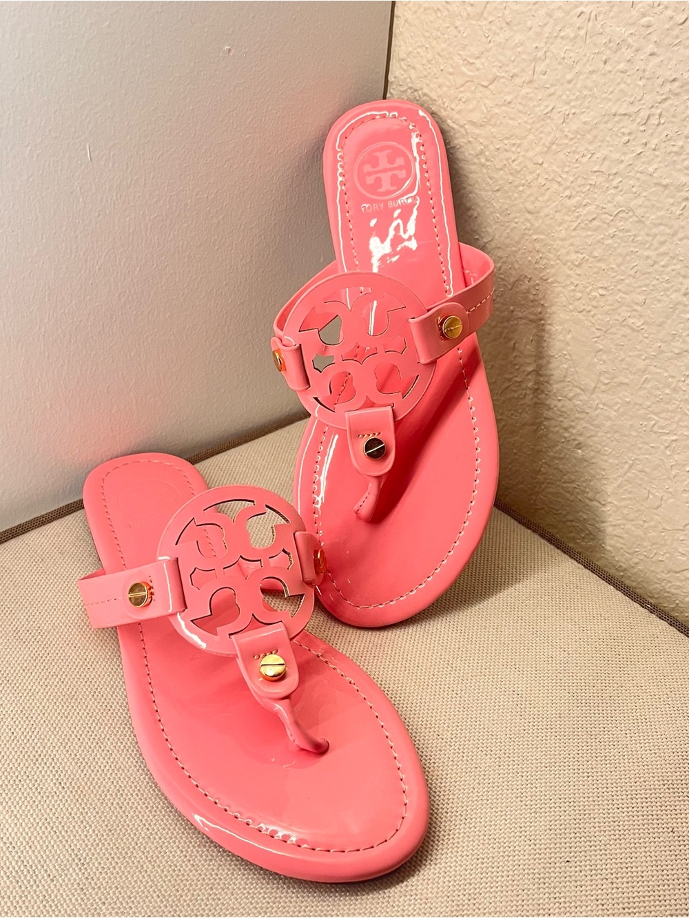 Tory Burch Coral Pink Miller Logo Thong Sandals with Gold Accents